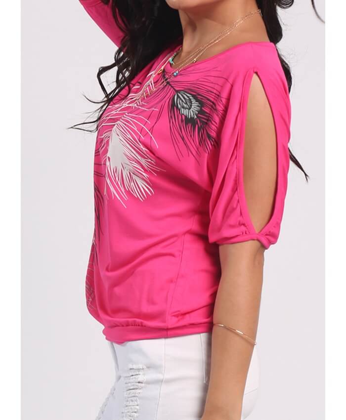 Cold Shoulder Feather Print Watermelon Red T Shirt